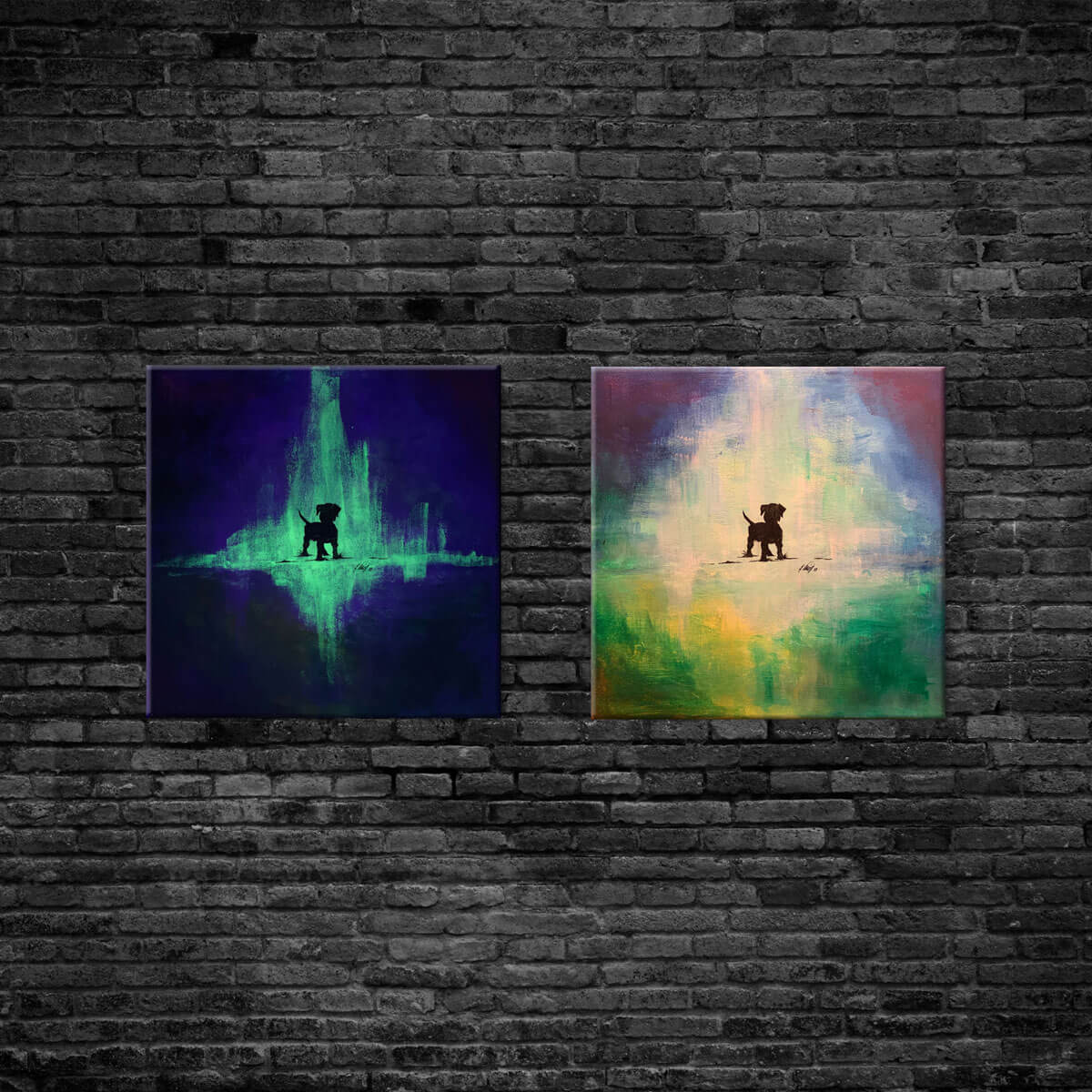 Das Bild zeigt ein Acrylgemälde auf Leinwand, gezeichnet wurde die Silhouette eines Hundes